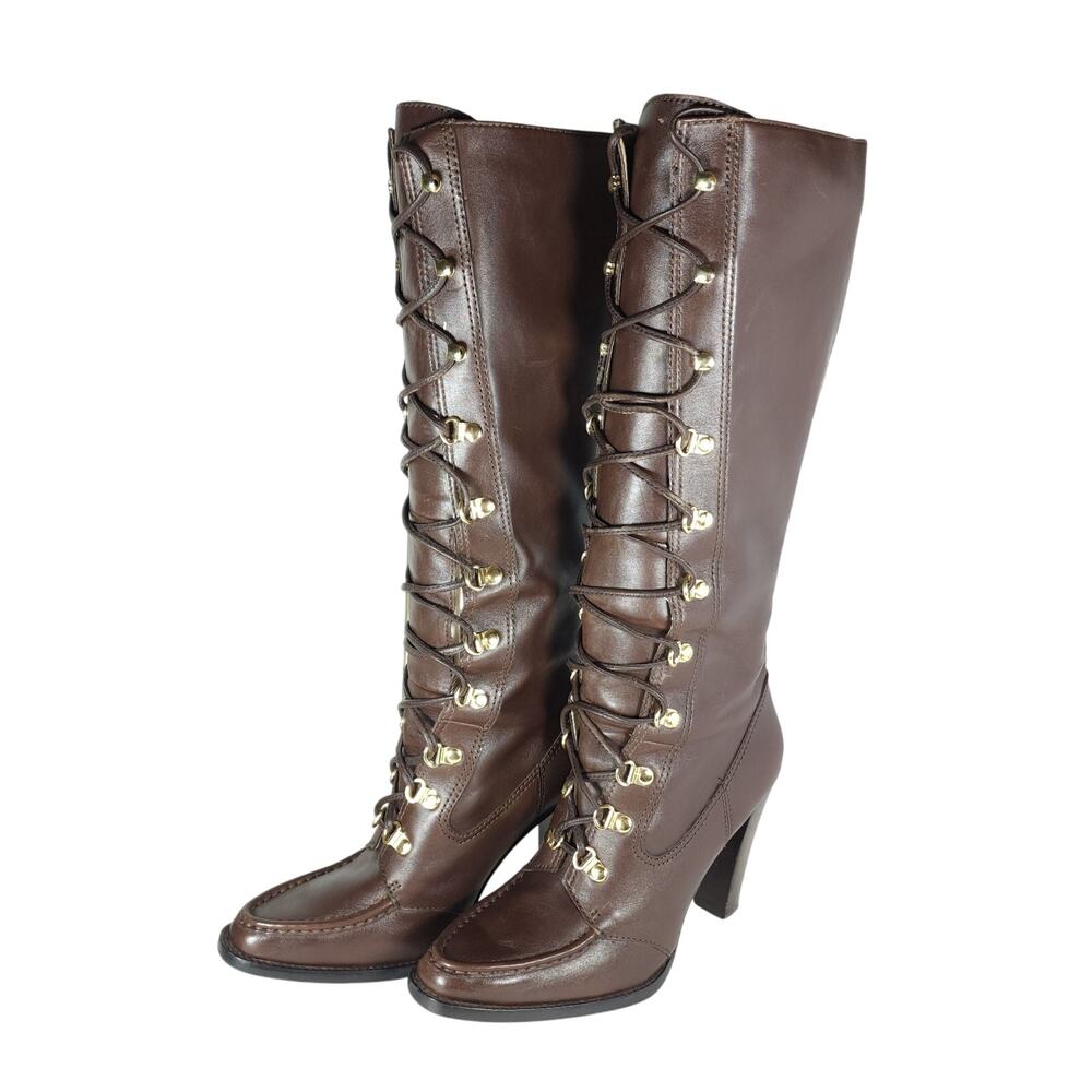 Michael Michael Kors Women's Rosalyn US9M Brown Leather LaceUp Heeled Tall Boots